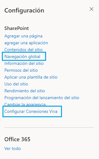 Menús de configuración de Microsoft Viva, con Navegación global y Configurar conexiones Viva remarcados