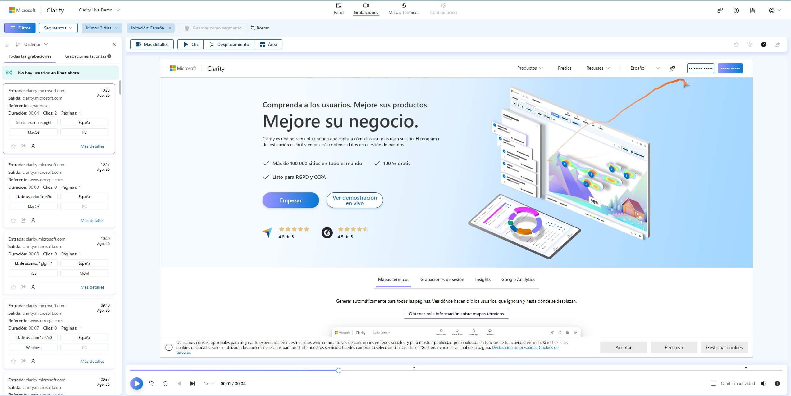 Experiencia de usuario con Microsoft Clarity