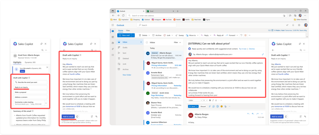 Sugerencias automáticas de contenido en Sales Copilot con Outlook, generadas por Inteligencia Artificial