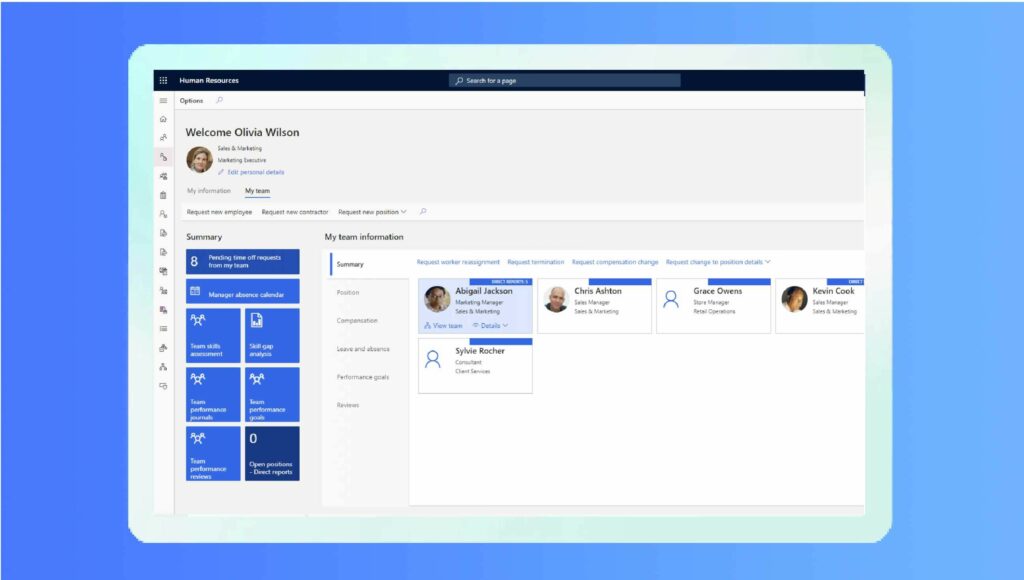 Pantalla de Dynamics 365 Human resources en una tablet