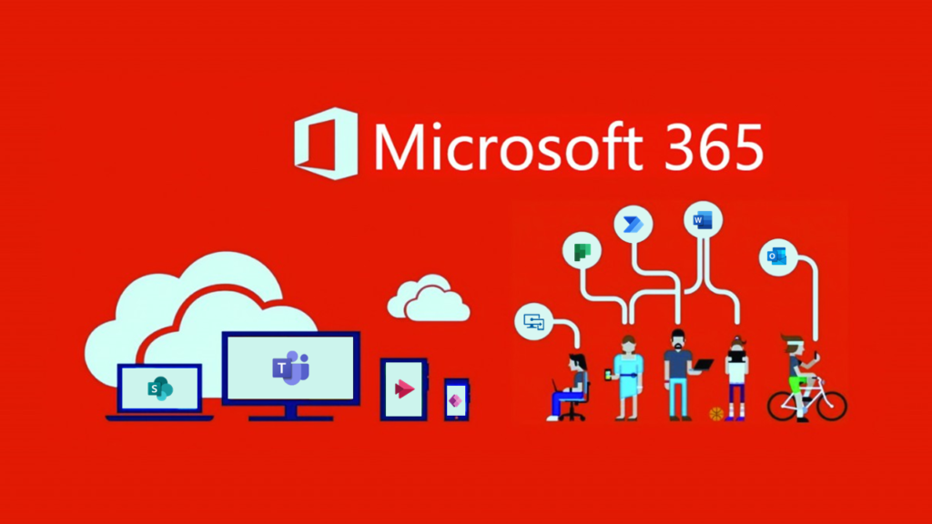 Ilustración con varias personas utilizando dispositivos con herramientas de Microsoft 365