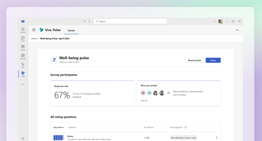 Insights de las encuestas de satisfacción de equipo de Microsoft Viva Pulse