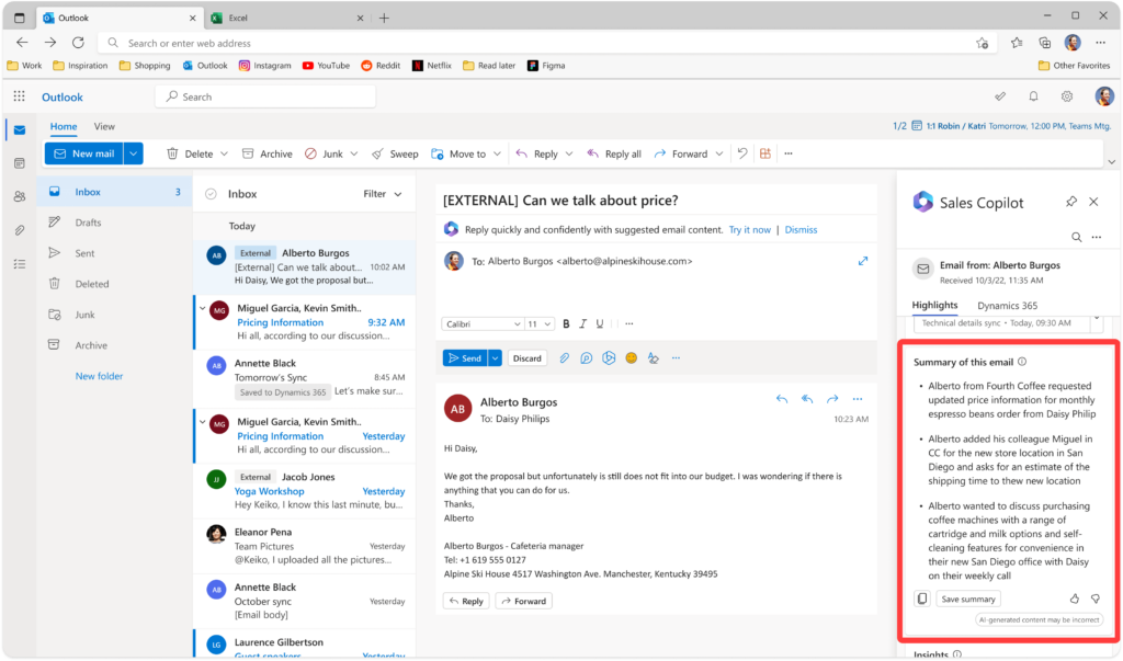 Resumen del email proporcionado por Sales Copilot en Outlook