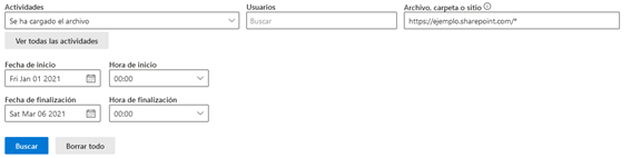 Panel de búsqueda en el módulo de auditoría de seguridad en Microsoft 365